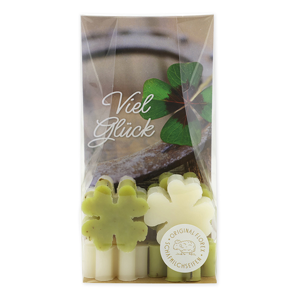 Schafmilchseife Kleeblatt 6x14g in Cello "Viel Glück", Classic/Eisenkraut 