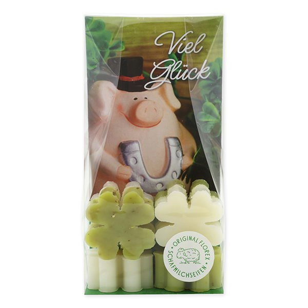 Schafmilchseife Kleeblatt 6x14g in Cello "Viel Glück", Classic/Eisenkraut 