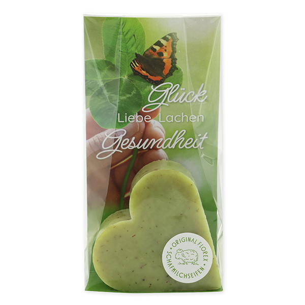 Sheep milk soap heart 85g in a cellophane "Glück, Liebe, Lachen, Gesundheit", Verbena 