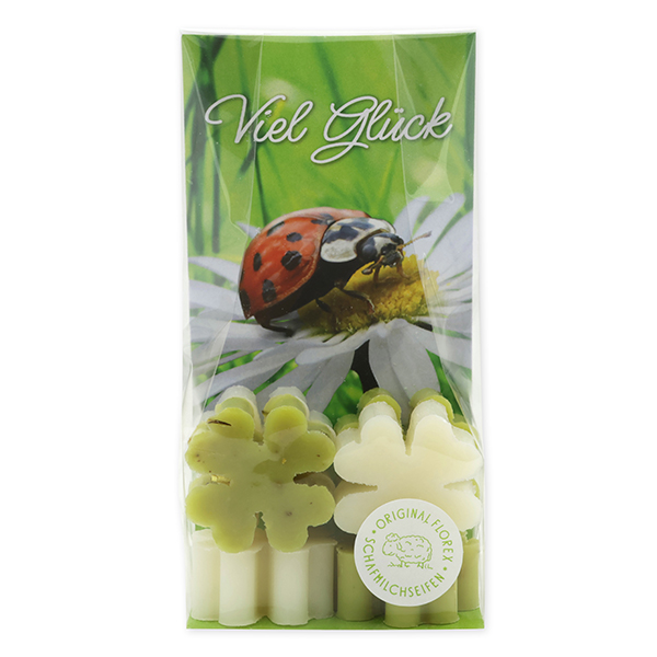 Sheep milk soap cloverleaf mini 6x14g in a cellophane "Viel Glück", Classic/Verbena 