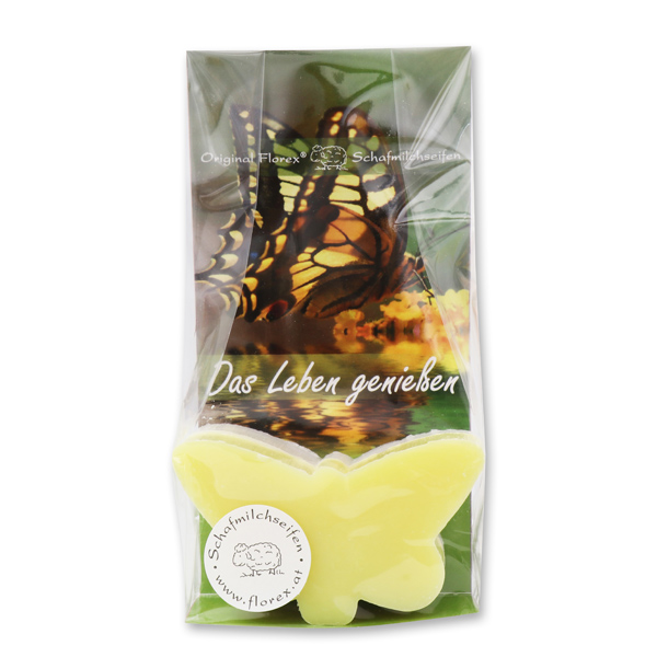 Sheep milk soap butterfly 2x38g in a cellophane bag "Das Leben genießen", Classic/Grapefruit 