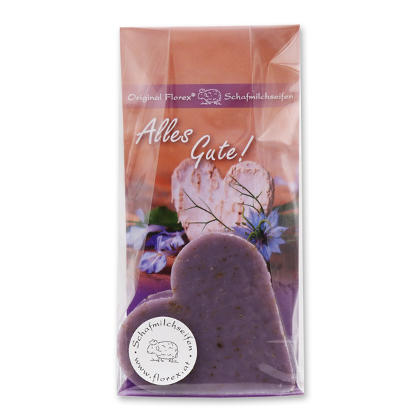 Schafmilchseife Herz 85g in Cello "Alles Gute", Lavendel 