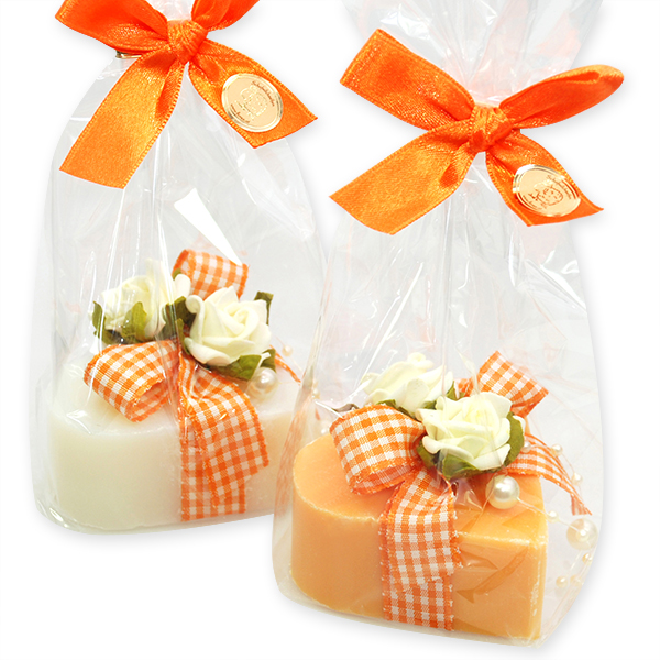 Sheep milk soap heart 85g, decorated with a rose in a cellophane, Classic/orange 