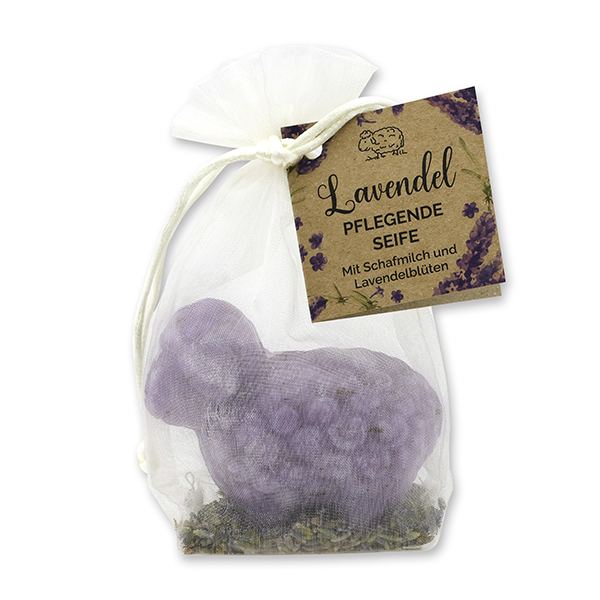 Sheep milk soap sheep Lina 75g with lavender petals in organza bag "feel-good time", Lavender 