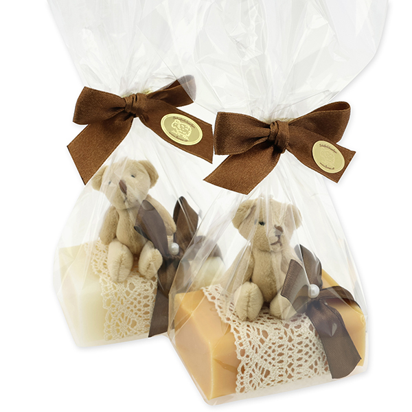 Sheep milk soap 100g, decorated with a teddy bear in a cellophane, Classic/quince 