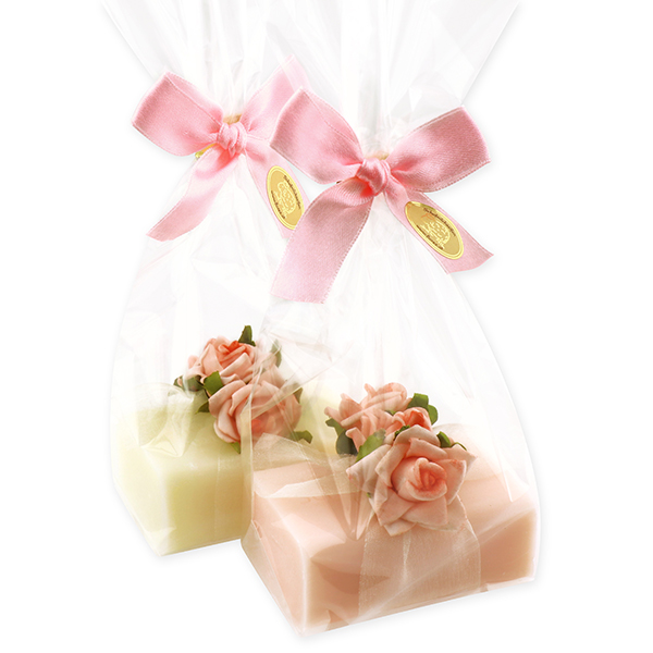 Sheep milk soap 100g, decorated with roses in a cellophane, Classic/peony 