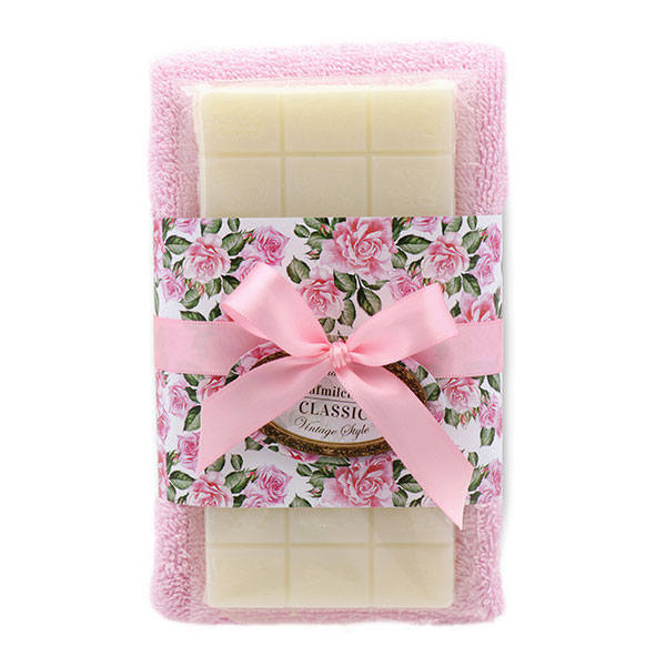 Schafmilchseife 100g und Gästehandtuch 30x50cm rosa "Vintage-Motiv 193", Classic 