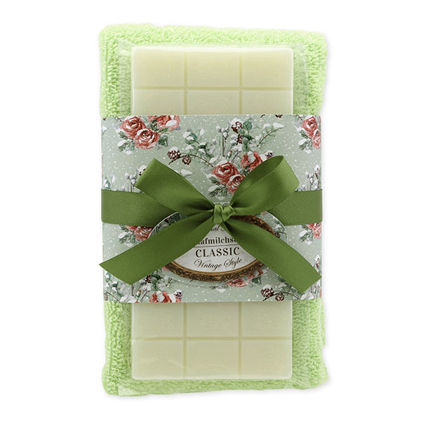 Sheep milk soap 100g and towel 30x50cm green "Vintage motif 217", Classic 