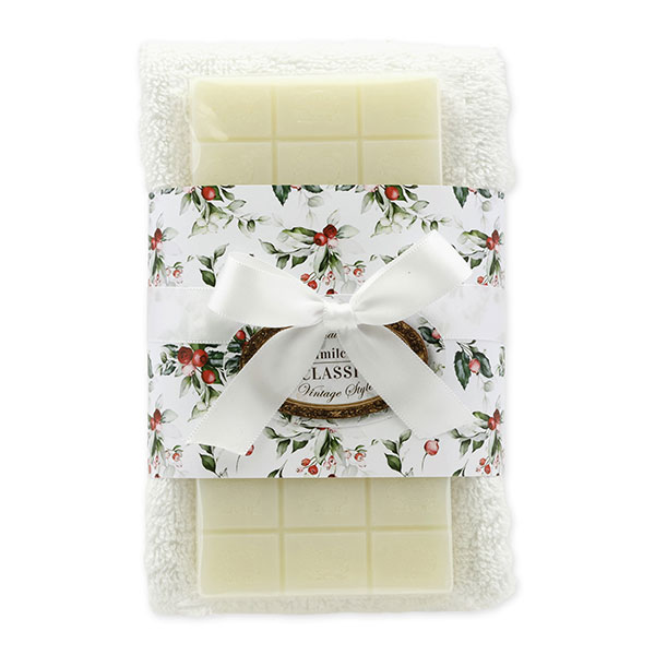 Sheep milk soap 100g and towel 30x50cm white "Vintage motif 218", Classic 