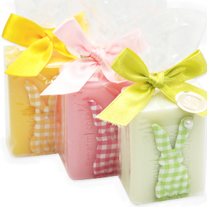 Sheep milk soap 100g, decorated with a stuffed bunny in a cellophane, sorted 