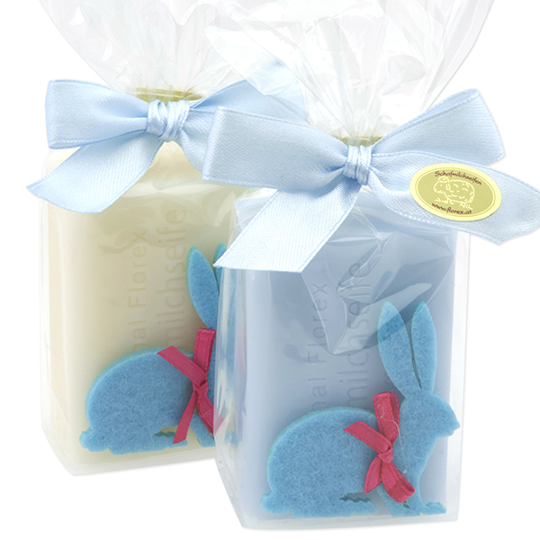 Sheep milk soap 100g decorated with a felt rabbit in a cellophane, Classic/forget-me-not 