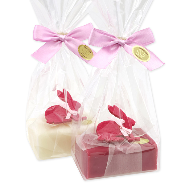 Sheep milk soap 100g decorated with a felt rabbit in a cellophane, Classic/mallow flower 
