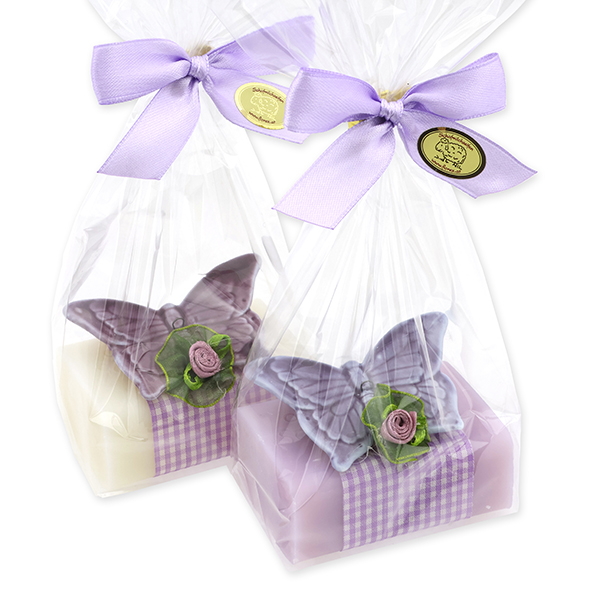 Sheep milk soap 100g decoreated with a butterfly in a cellophane, Classic/Lilac 