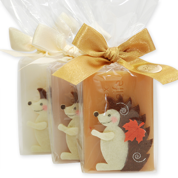 Sheep milk soap 100g,  decorated with a hedgehog in a cellophane, sorted 