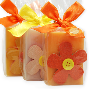 Sheep milk soap 100g decorated with a flower in a cellophane, sorted 