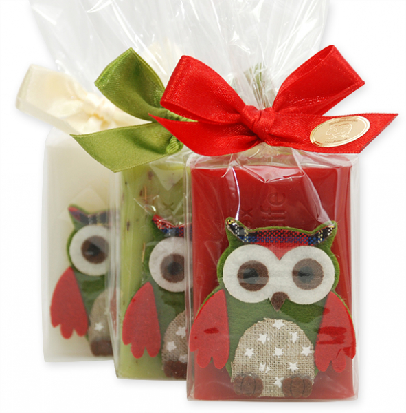 Sheep milk soap 100g, decorated with an owl in a cellophane, sorted 