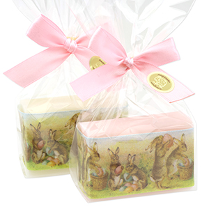 Schafmilchseife eckig 100g dekoriert mit Dekoband Hase in Cello, Classic/Jasmin 