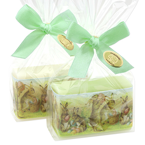 Schafmilchseife eckig 100g dekoriert mit Dekoband Hase in Cello, Classic/Wiesenblume 