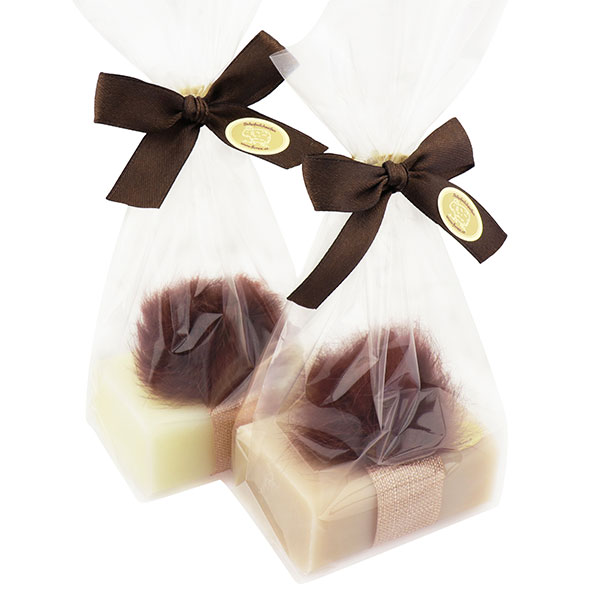 Sheep milk soap 100g decorated with a pompom in a cellophane, Classic/almond oil 