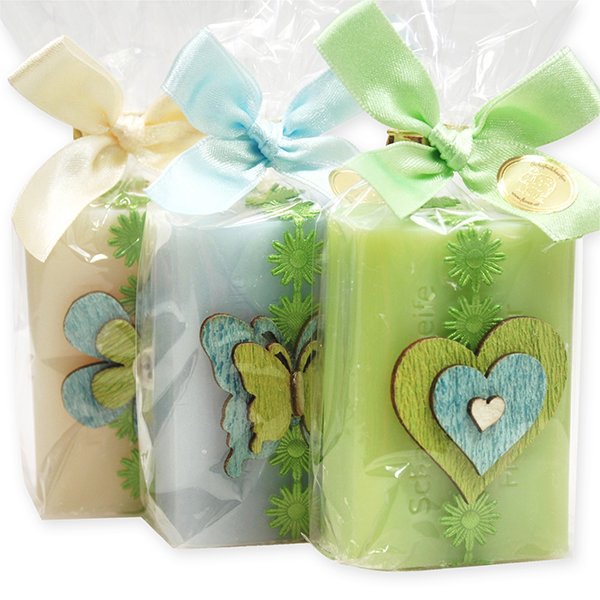 Sheep milk soap 100g decorated with wooden motives in a cellophane, sorted 