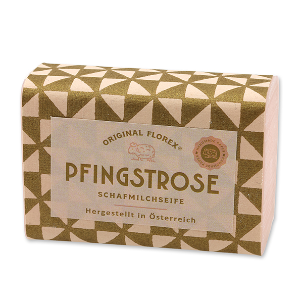 Schafmilchseife eckig 100g, "Handmade Paper" Pfingstrose 