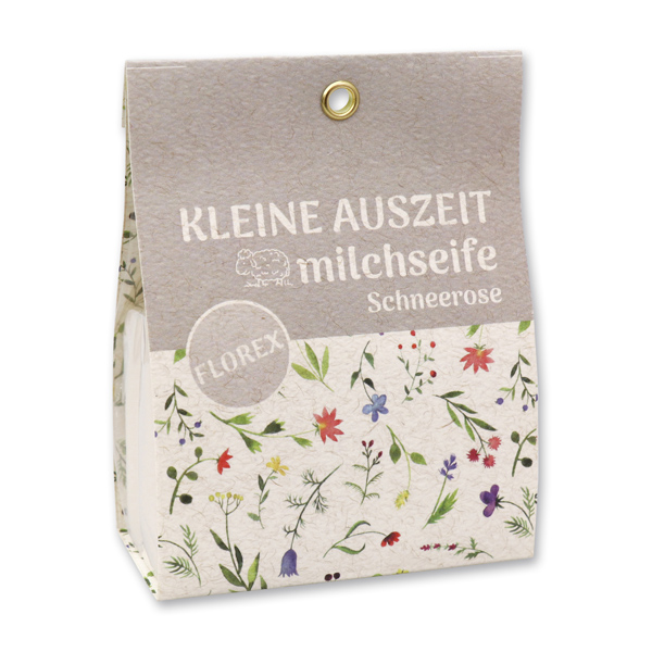 Schafmilchseife eckig 100g in Tasche "Kleine Auszeit", Schneerose 