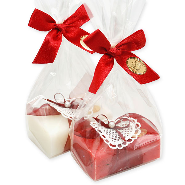 Sheep milk soap 100g, decorated with a heart in a cellophane, Classic/rose with petals 