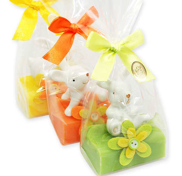 Sheep milk soap 100g, decorated with a rabbit in a cellophane, sorted 