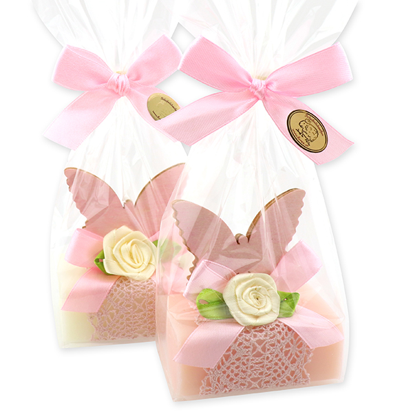 Sheep milk soap 100g, decorated with a butterfly in a cellophane, Classic/peony 