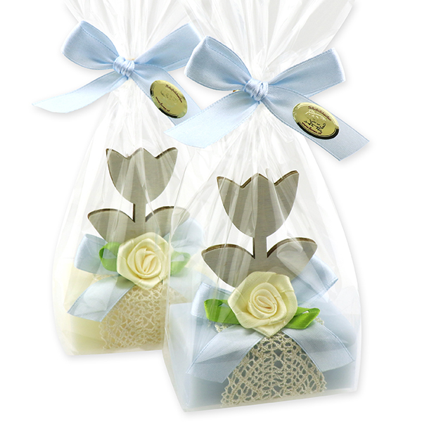 Sheep milk soap 100g, decorated with a tulip in a cellophane, Classic/'forget-me-not' 