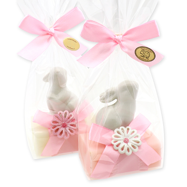 Sheep milk soap 100g, decorated with a rabbit in a cellophane, Classic/peony 