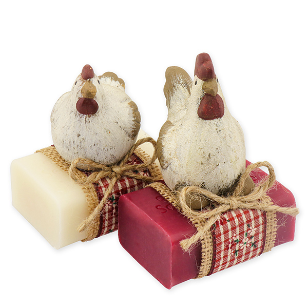 Schafmilchseife eckig 100g dekoriert mit Hahn/Huhn, Classic/Malvenblüte 