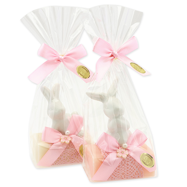 Sheep milk soap 100g, decorated with a rabbit in a cellophane, classic/peony 