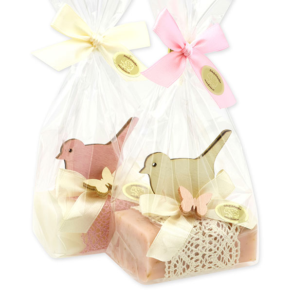 Sheep milk soap 100g decorated with a bird in a cellophane bag, Classic/Wild rose 