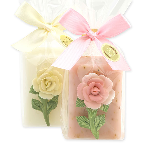 Sheep milk soap 100g decorated with a flower in a cellophane bag, Classic/Wild rose 