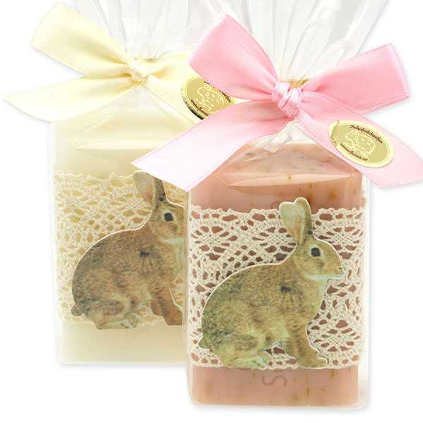 Sheep milk soap 100g decorated with a rabbit in a cellophane bag, Classic/Wild rose 