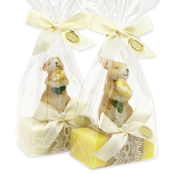 Schafmilchseife eckig 100g dekoriert mit Hase in Cello, Classic/Kamille 