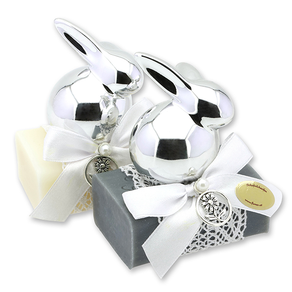 Schafmilchseife eckig 100g dekoriert mit Hase, Classic/Edelweiß silber 