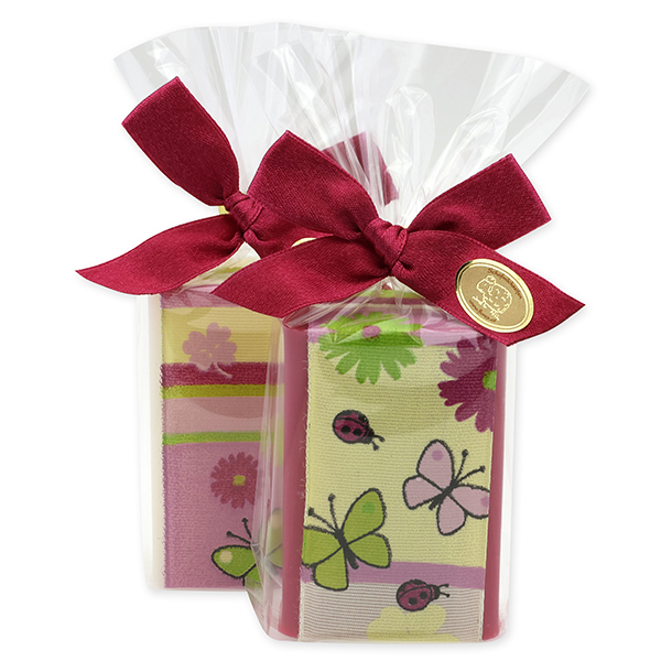 Schafmilchseife eckig 100g dekoriert mit Dekoband in Cello, Classic/Malvenblüte 