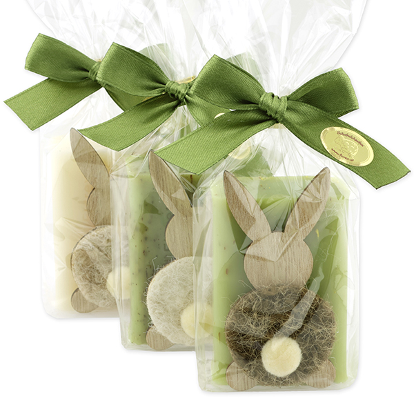 Schafmilchseife eckig 100g dekoriert mit Hase in Cello, sortiert 