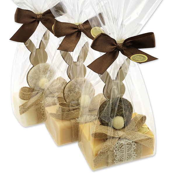 Sheep milk soap 100g decorated with a rabbit in a cellophane, Classic/swiss pine/sheabutter 