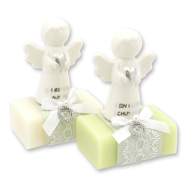 Schafmilchseife eckig 100g dekoriert mit Schutzengel mit Herz, Classic/Wiesenblume 