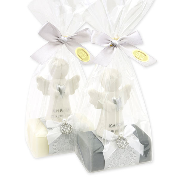 Sheep milk soap square 100g decorated with guardian angel with heart in a cellophane bag, Classic/Christmas rose 