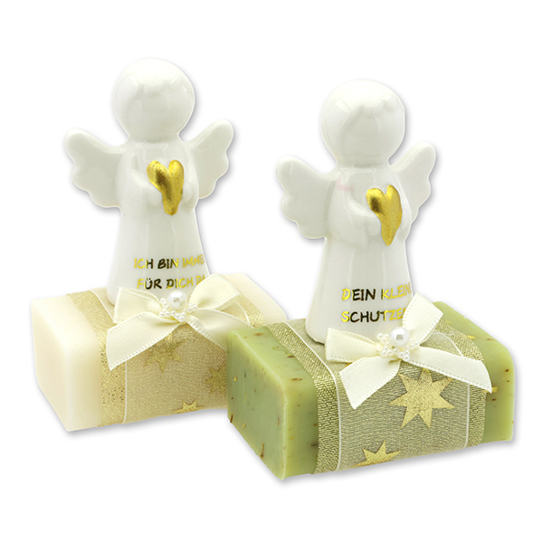 Schafmilchseife eckig 100g dekoriert mit Schutzengel mit Herz, Classic/Eisenkraut 