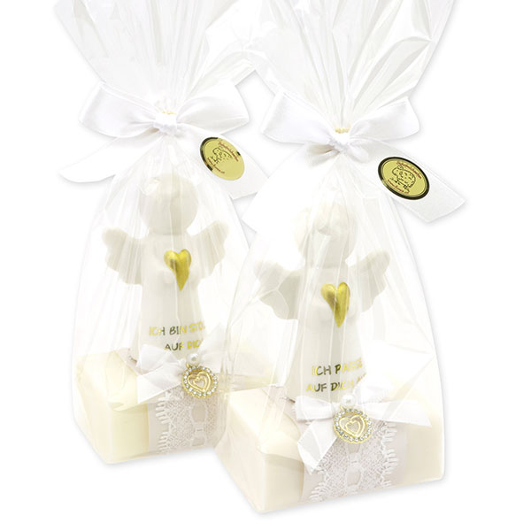 Sheep milk soap square 100g decorated with guardian angel with heart in a cellophane bag, Classic/Christmas rose white 