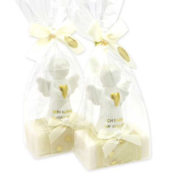 Sheep milk soap square 100g decorated with guardian angel with heart in a cellophane bag, Classic/Christmas rose white 