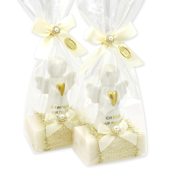 Sheep milk soap square 100g decorated with guardian angel with heart in a cellophane bag, Classic/Christmas rose white 