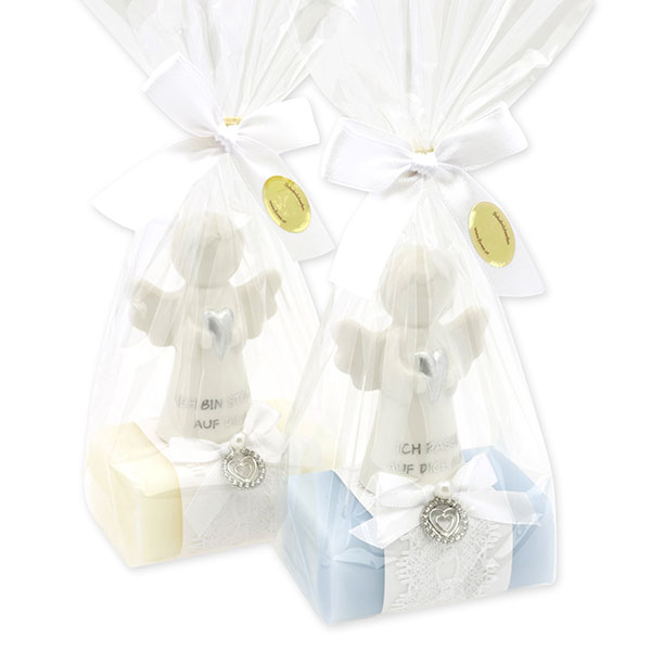 Sheep milk soap square 100g decorated with guardian angel with heart in a cellophane bag, Classic/Forget-me-not 