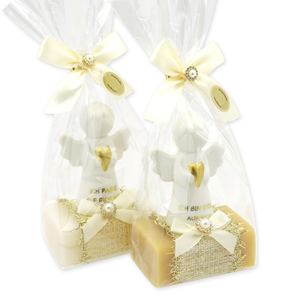 Schafmilchseife eckig 100g dekoriert mit Schutzengel mit Herz  in Cello, Classic/Zirbe 