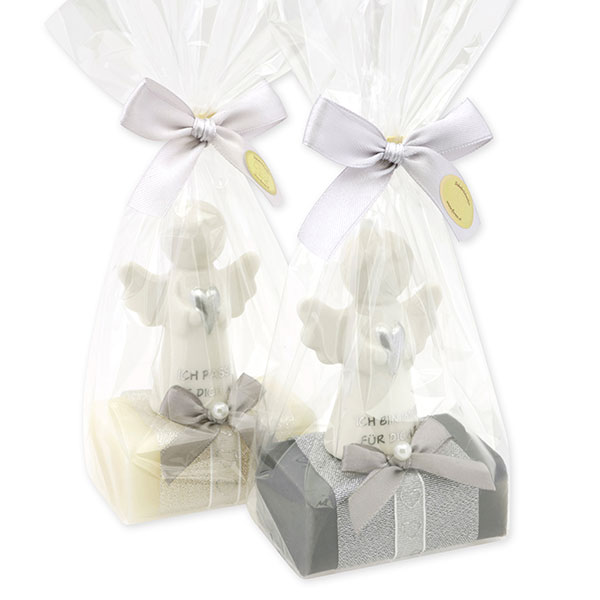 Sheep milk soap square 100g decorated with guardian angel with heart in a cellophane bag, Classic/Christmas rose 